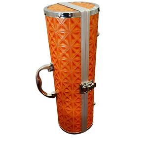 Vintage Wine Bottle Carrier Faux Orange Quilted Metal Chrome Frame footed 13"
